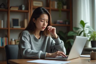 Femme consultant un site d'annonces immobilières en ligne sur un ordinateur portable pour évaluer les frais et conditions de 123loger