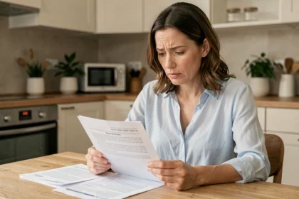 Femme lisant un contrat d'assurance habitation à la table de sa cuisine pour changer d'assurance avec la loi Hamon