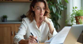 Femme en business casual examine un contrat immobilier dans un appartement moderne