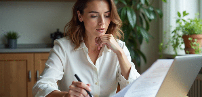 Femme en business casual examine un contrat immobilier dans un appartement moderne