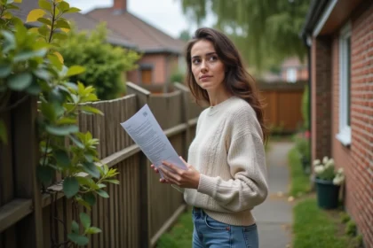 Jeune femme examine un contrat de location devant une clôture de jardin