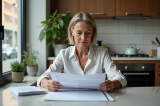 Femme d'âge moyen tenant des contrats de location dans une cuisine moderne