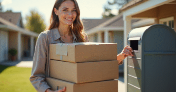 Femme souriante avec des cartons devant une boîte aux lettres