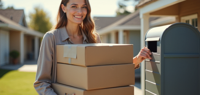 Femme souriante avec des cartons devant une boîte aux lettres
