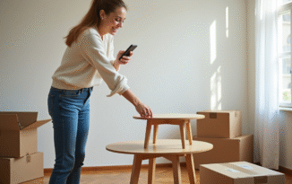 Femme souriante déplaçant un petit meuble dans un appartement lumineux