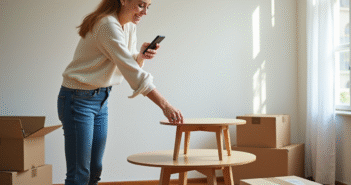 Femme souriante déplaçant un petit meuble dans un appartement lumineux