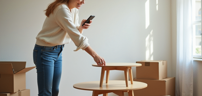 Femme souriante déplaçant un petit meuble dans un appartement lumineux