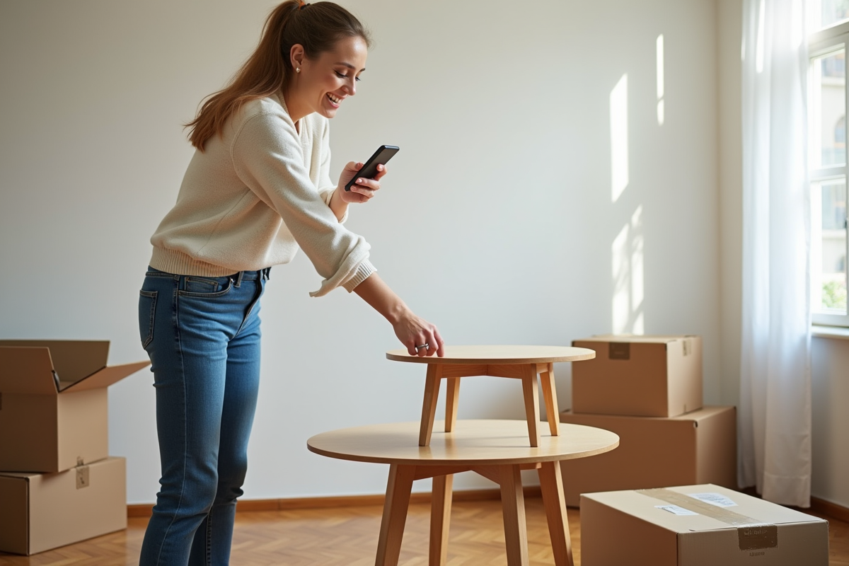 Femme souriante déplaçant un petit meuble dans un appartement lumineux