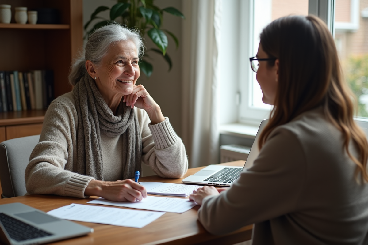 Femme âgée discutant avec une comptable dans un bureau chaleureux