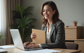 Femme souriante avec dossier dans un bureau moderne