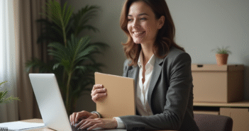 Femme souriante avec dossier dans un bureau moderne