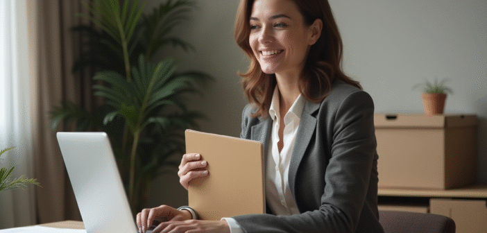 Droits à la prime d’installation : qui y a accès et comment l’obtenir Femme souriante avec dossier dans un bureau moderne