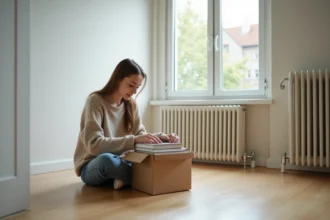 Jeune femme déballant des livres dans un appartement lumineux à Berlin