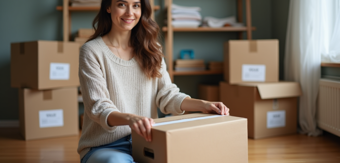 Femme souriante en train de fermer une box de déménagement