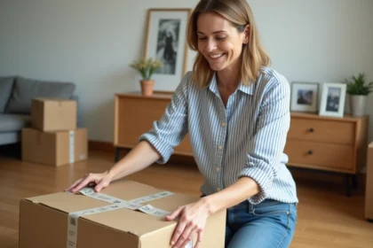 Femme souriante en jeans tapant une boîte de déménagement