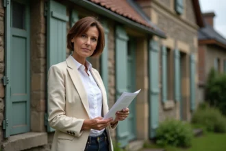 Femme examinant la façade d'une maison en mâchefer typique du nord de la France, tenant un document immobilier devant une façade en briques de laitier