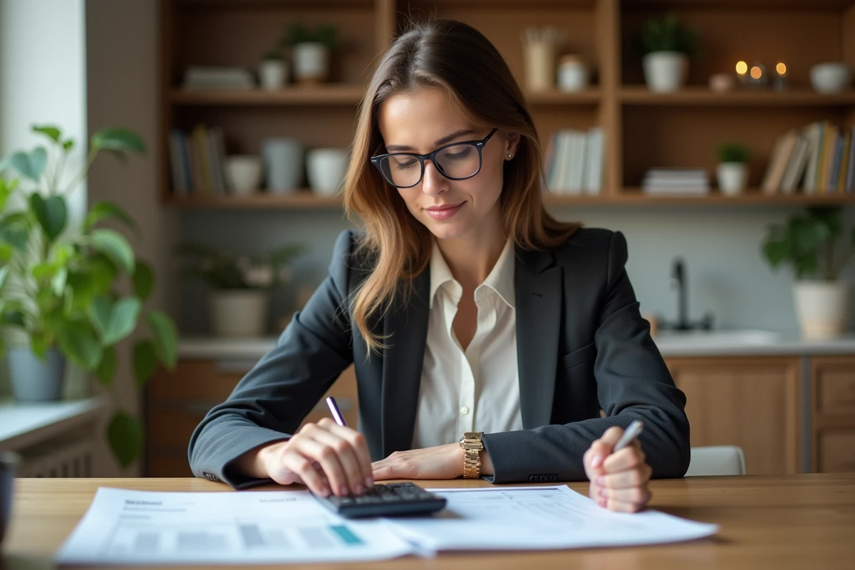Femme française en blazer regardant un relevé de prêt immobilier