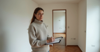 Femme vérifiant un appartement vide avec un clipboard