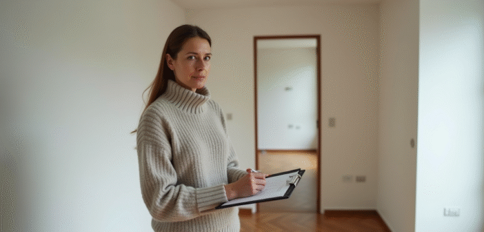 Femme vérifiant un appartement vide avec un clipboard