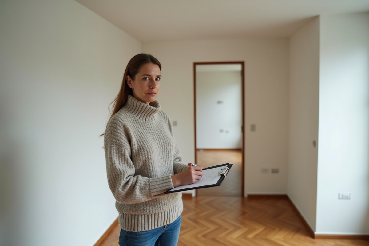 Femme vérifiant un appartement vide avec un clipboard
