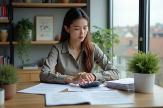 Jeune femme professionnelle examine un contrat immobilier dans son salon