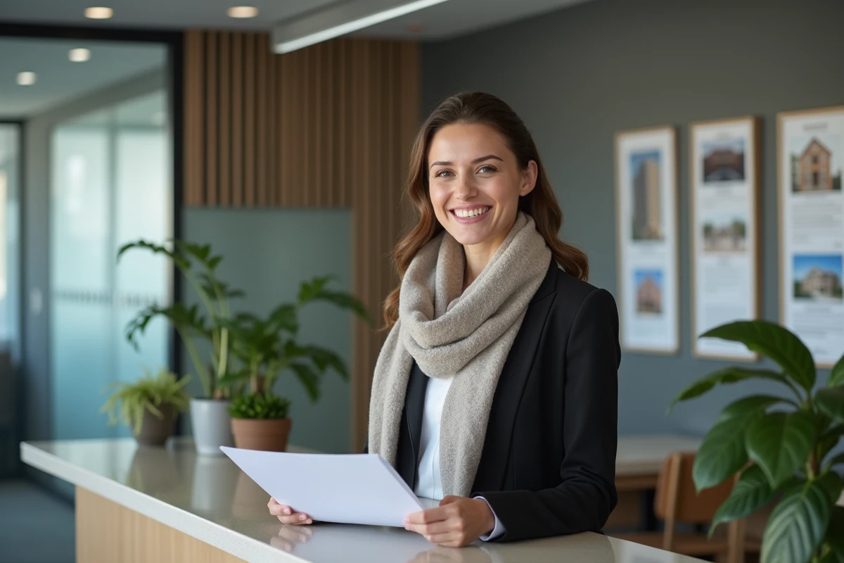 Femme professionnelle dans une agence immobilière avec papiers