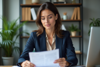 Femme professionnelle lisant des documents immobiliers