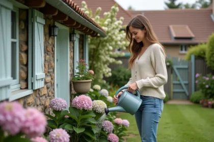Jeune femme arrosant ses fleurs dans le jardin