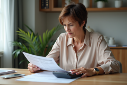 Femme moyenne âge examine documents d'impôts à la maison