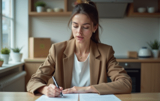 Jeune femme en cuisine examinant des papiers avec souci