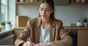 Jeune femme en cuisine examinant des papiers avec souci