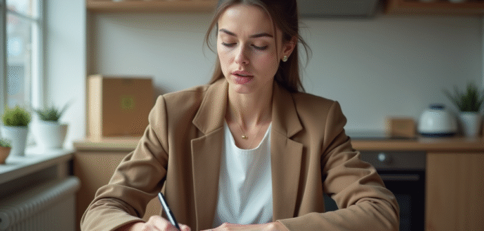 Jeune femme en cuisine examinant des papiers avec souci