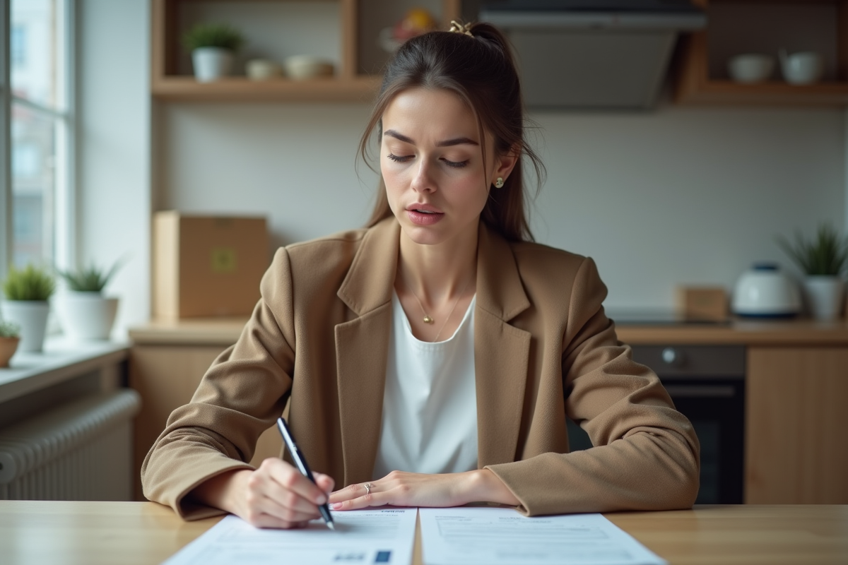 Jeune femme en cuisine examinant des papiers avec souci