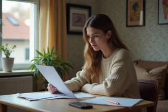 Femme en pull lisant des papiers dans un salon modeste