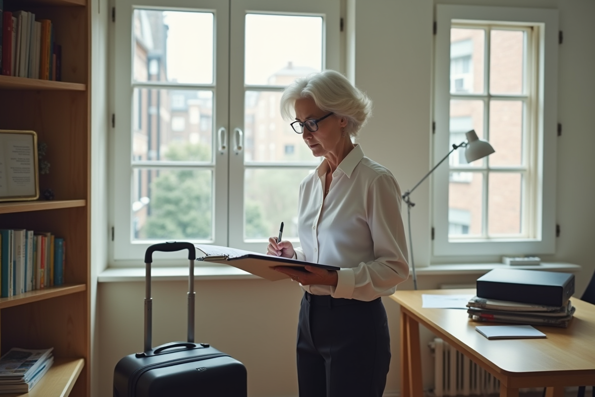 Femme âgée consulte un plan dans un appartement moderne et bien rangé