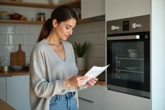 Femme lisant le mode d'emploi d'un four encastré dans une cuisine moderne