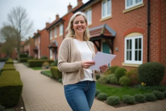Femme souriante tenant documents de location devant maison