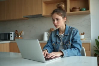 Jeune femme avec ordinateur dans une cuisine moderne
