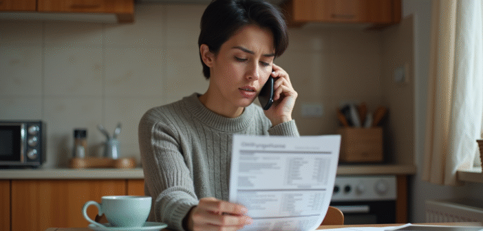 Femme au téléphone avec facture dans une cuisine chaleureuse