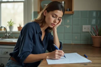 Femme en cuisine remplissant des papiers avec concentration