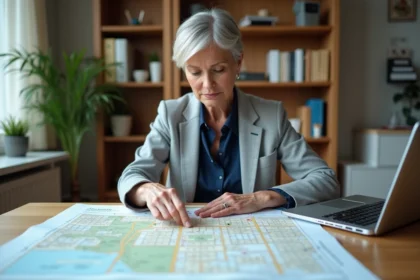 Femme consultant un plan cadastral imprimé sur un bureau pour identifier le propriétaire d'une parcelle