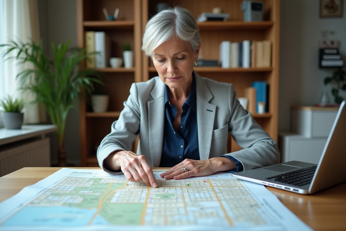 Femme consultant un plan cadastral imprimé sur un bureau pour identifier le propriétaire d'une parcelle