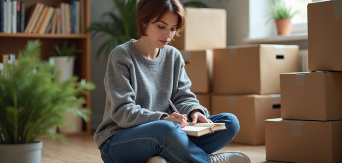 Femme assise sur le sol en préparant son déménagement