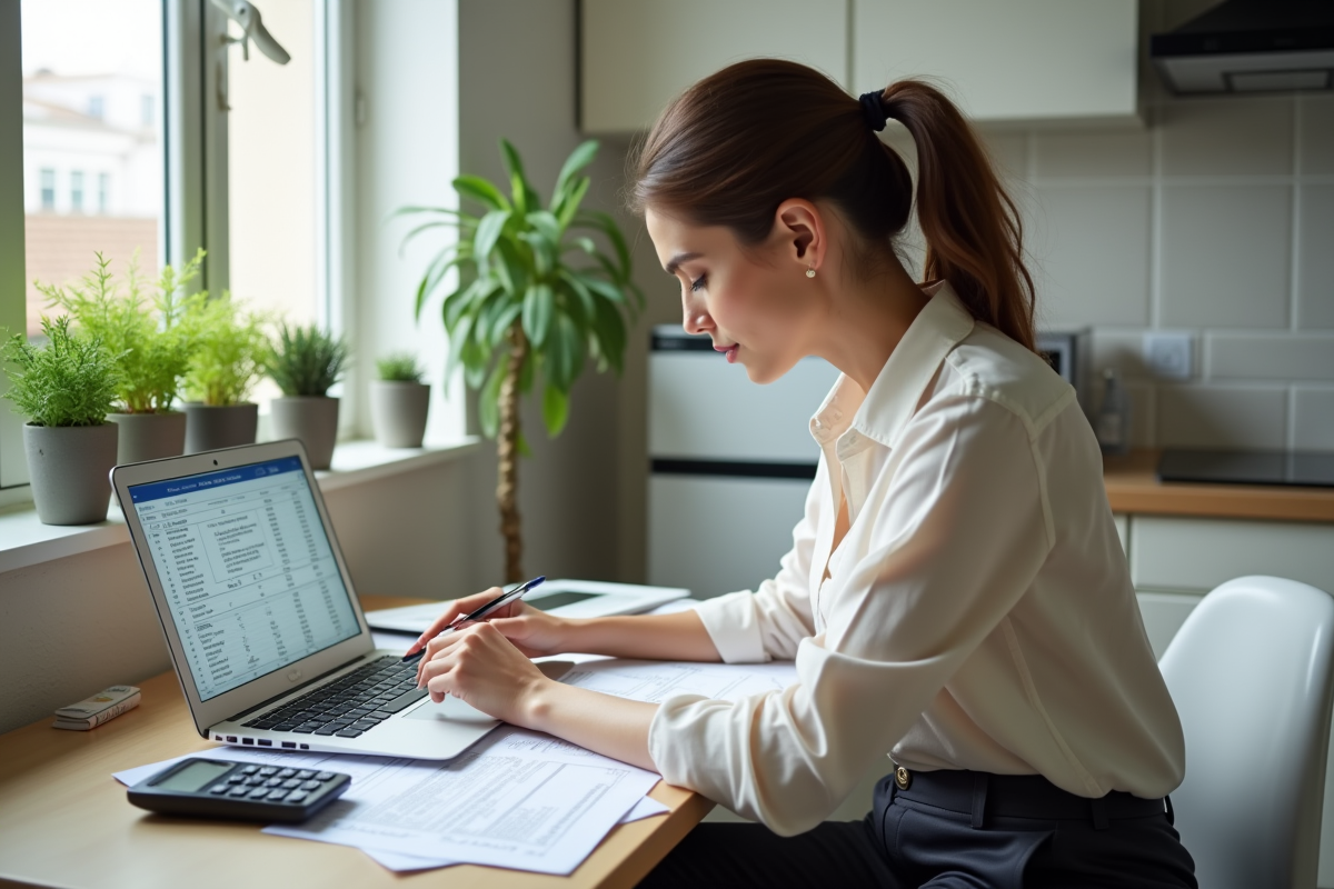 Femme vérifiant ses documents fiscaux dans une cuisine lumineuse