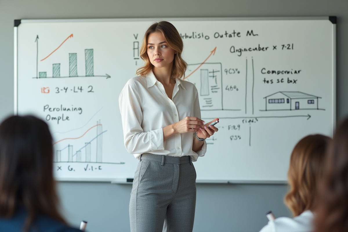 Jeune femme expliquant des graphiques financiers au tableau blanc