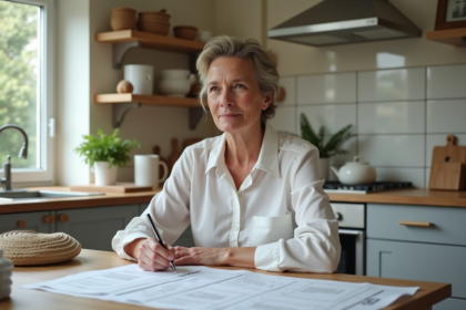 Femme de 40 ans remplissant des formulaires de taxes à la maison