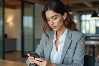Femme professionnelle consultant un logiciel de gestion clients sur smartphone dans un espace de coworking moderne