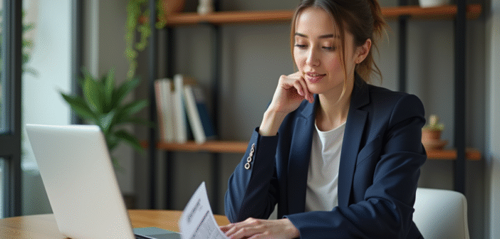 Femme d'affaires concentrée sur son ordinateur dans un intérieur moderne
