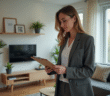 Femme professionnelle examinant un document de location dans un salon moderne
