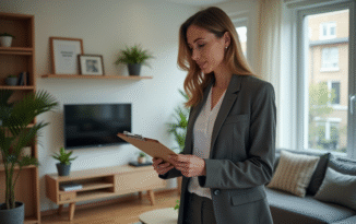 Femme professionnelle examinant un document de location dans un salon moderne